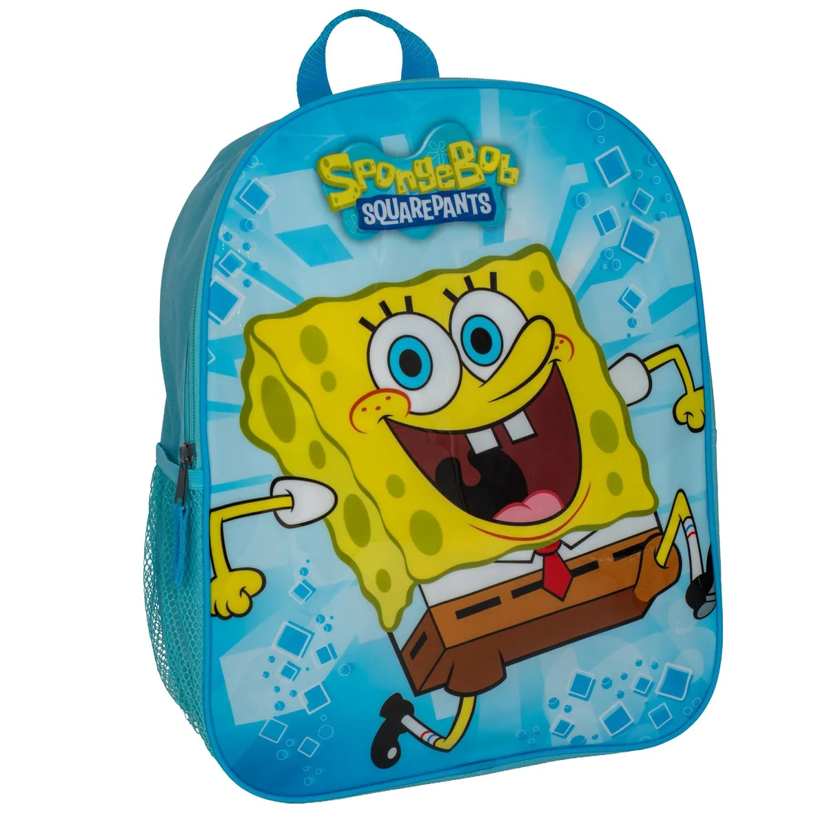Beige polyester backpack with SpongeBob character graphic, 15-inch laptop compartment, adjustable padded straps