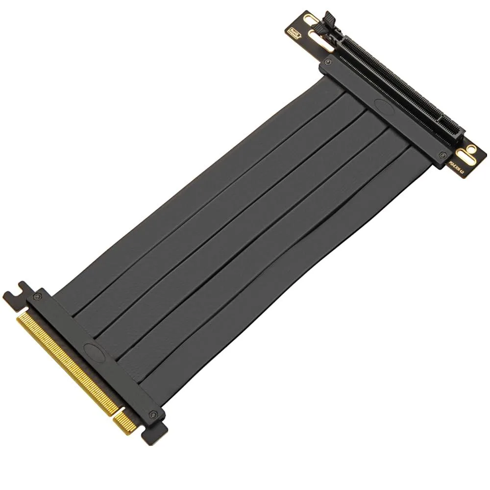 Black flat ribbon cable with a right-angle PCIe x16 connector and straight connector on the other end, 20cm length