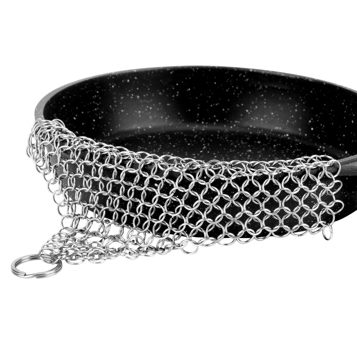 Square stainless steel chainmail scrubber with hanging loop, 6 by 6.3 inches