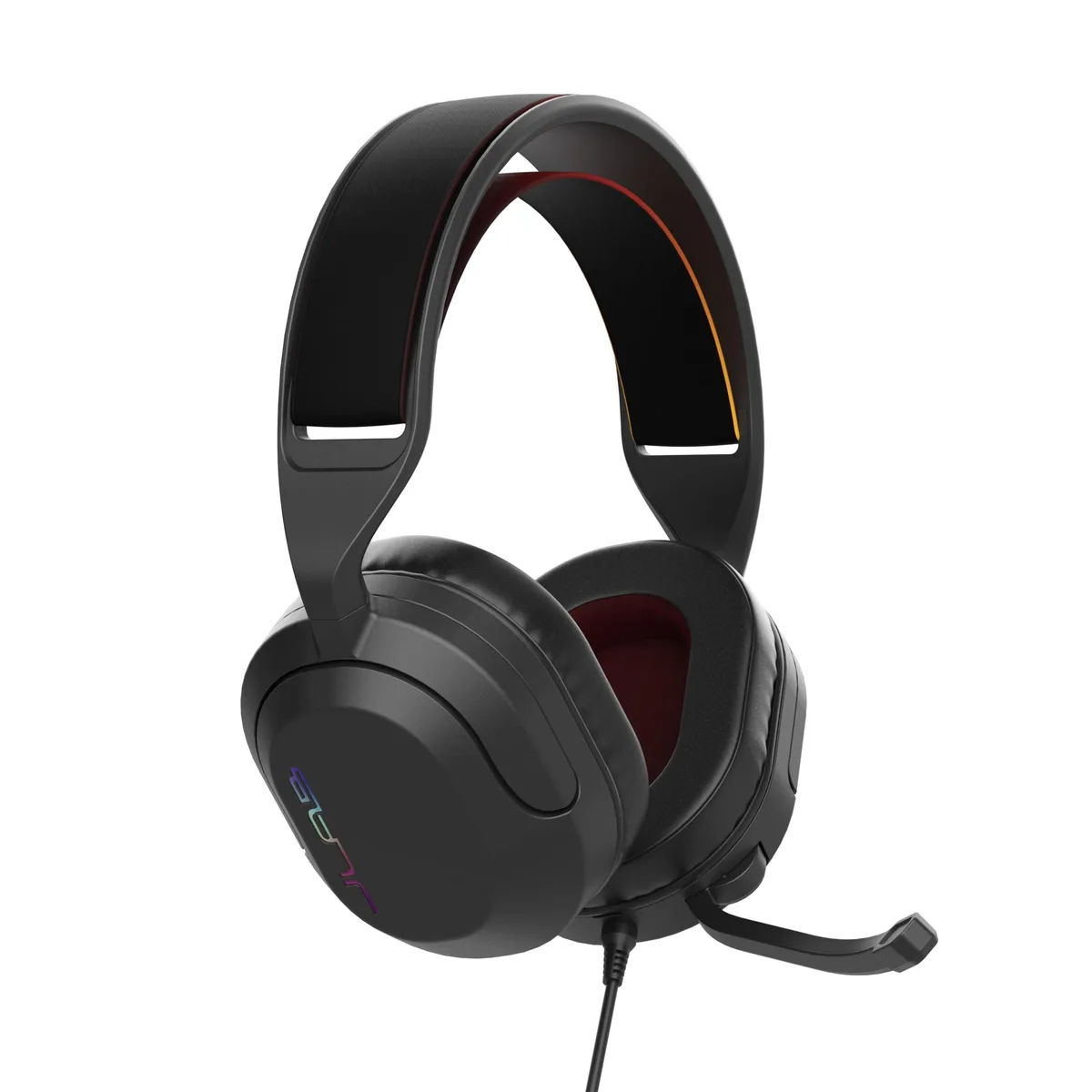 Black over-ear gaming headset with retractable boom mic and 3.5mm cable