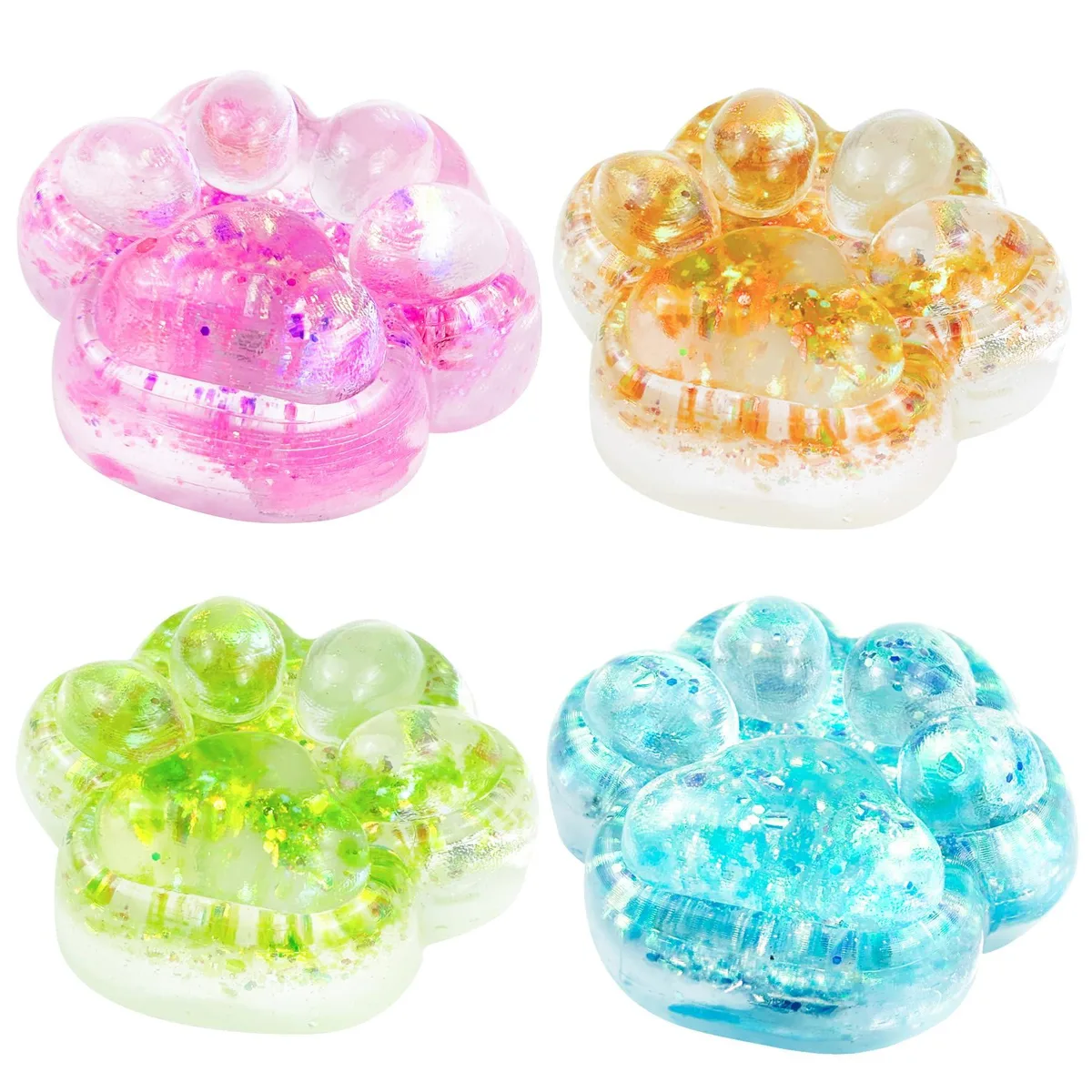 Four soft cat-paw squishies in pink, blue, purple and white