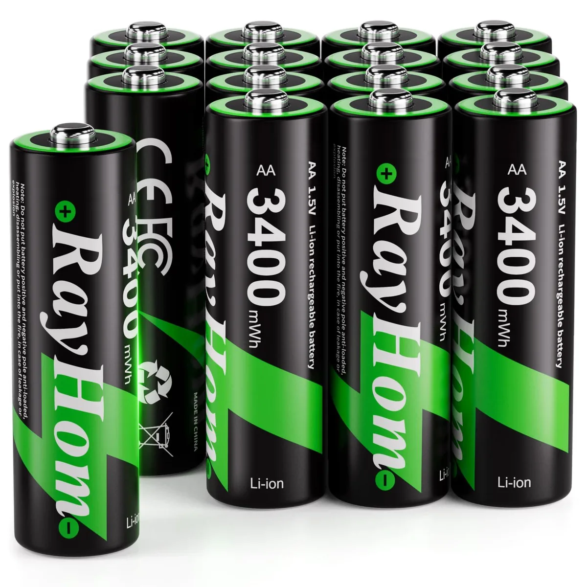 RayHom AA 1.5V 3400mWh Rechargeable Lithium Batteries 16 Pack — product photo