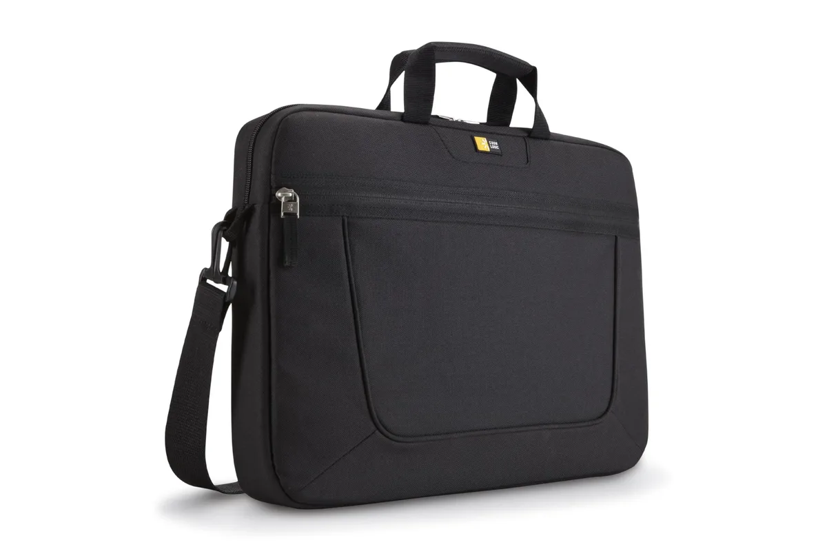 Black 15.6-inch laptop attache with padded handles and removable shoulder strap