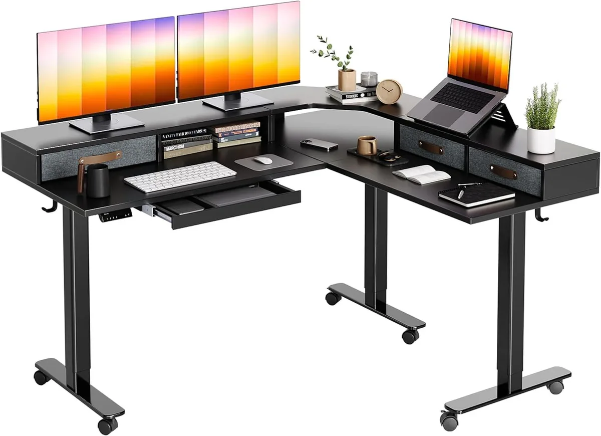 BFKK BFKK Triple Motor L-Shaped Standing Desk 63" x 55" with Drawers Black Frame/Black Top — product photo