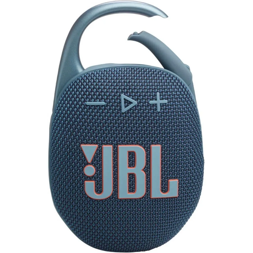 Small blue rectangular speaker with integrated carabiner clip, fabric grille finish