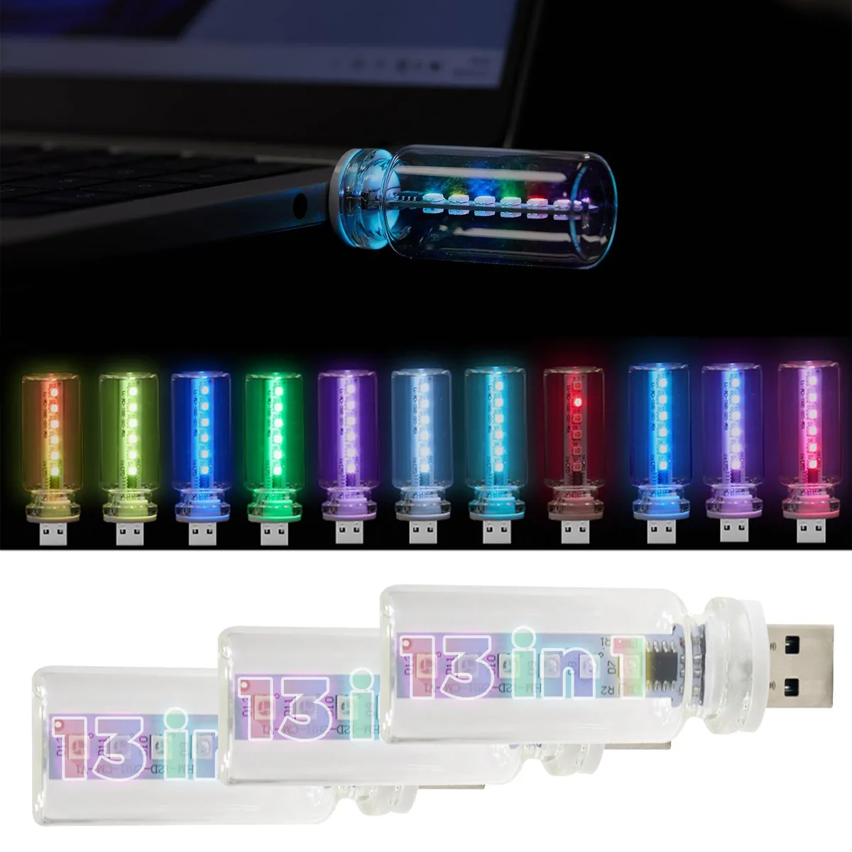 Three small glass bottle LED lights with USB plugs