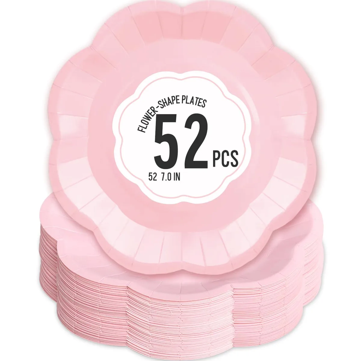 Stack of 52 pink scalloped disposable paper plates, 7 inch square with white coated interior