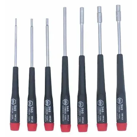 Seven precision nut drivers, 1.5 to 4 mm, black and red handles