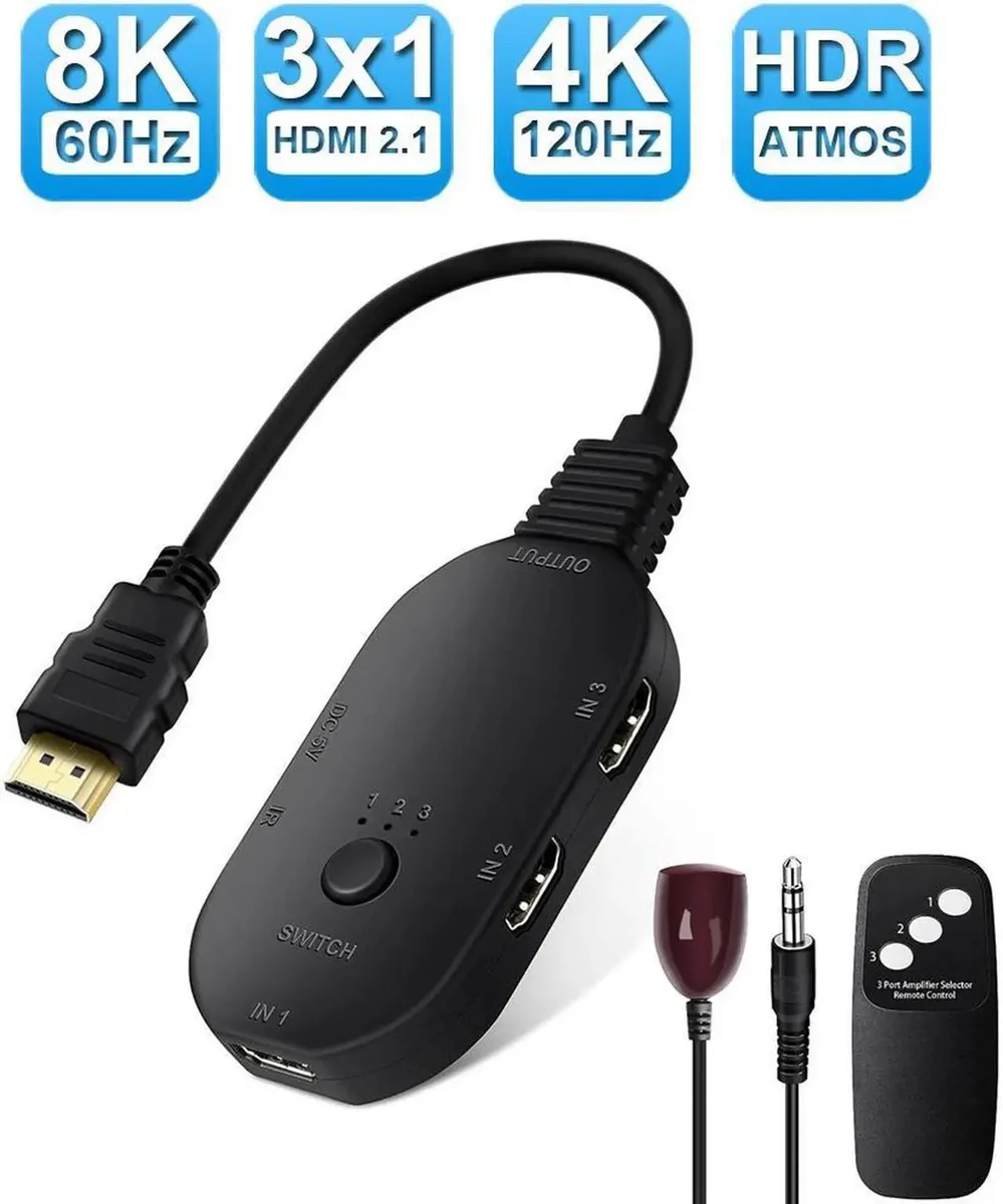 Small black box with three HDMI inputs, one output, LED indicators and a remote control