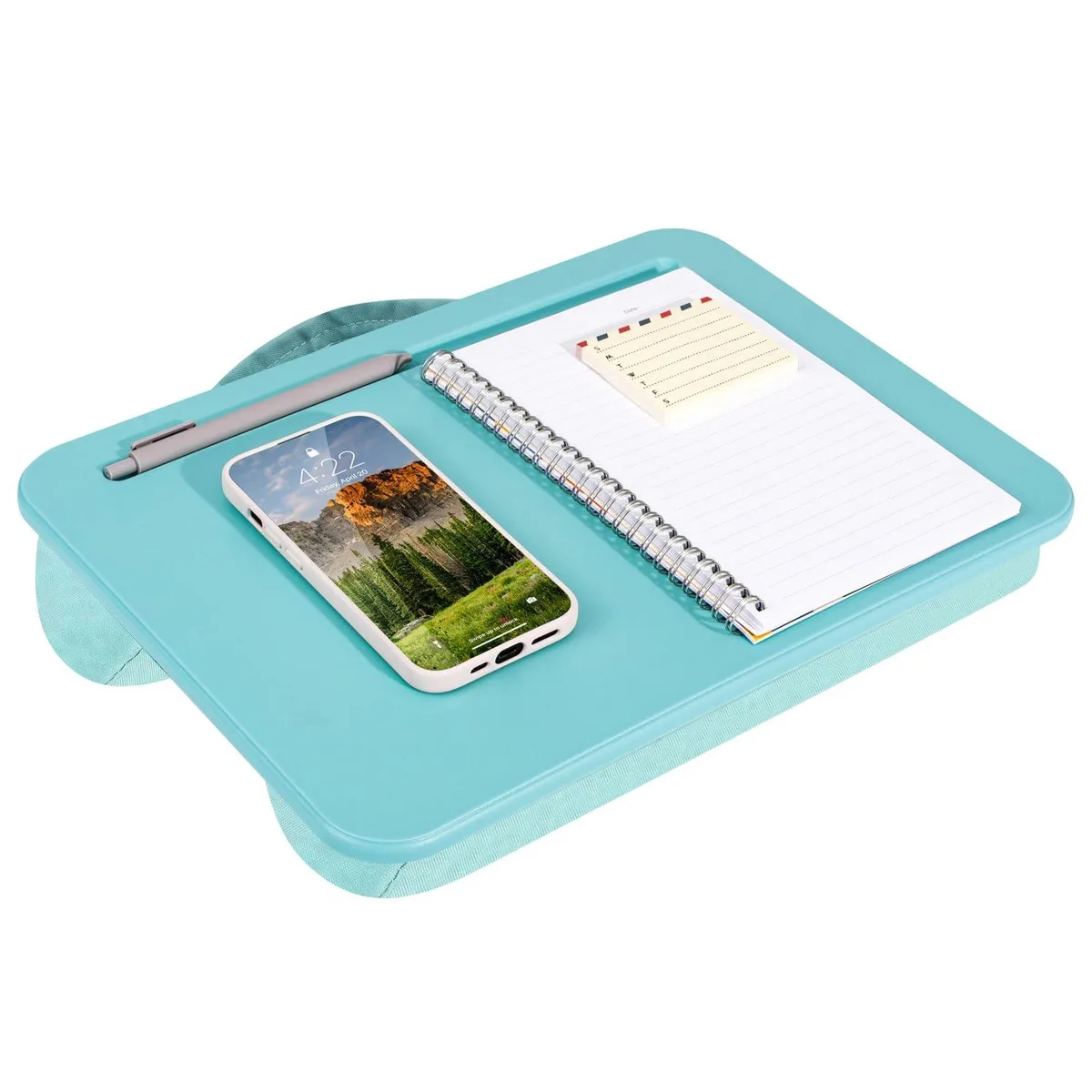 Aqua lap desk with microbead cushion, carry handle, pencil slot, 14.5 by 10.5 inches