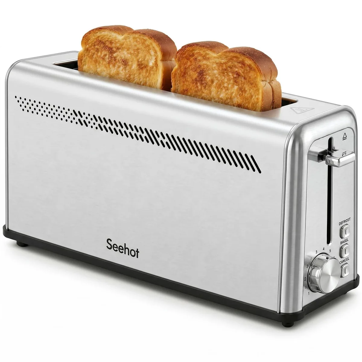 Slim stainless steel toaster with long wide slot