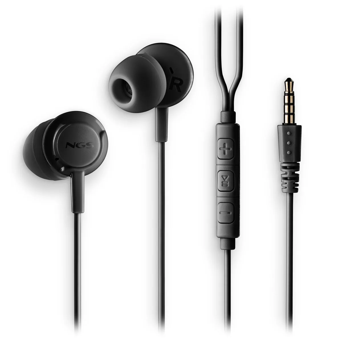 Black in-ear wired earphones with 3.5mm jack, inline mic and control button, 1.2m cable