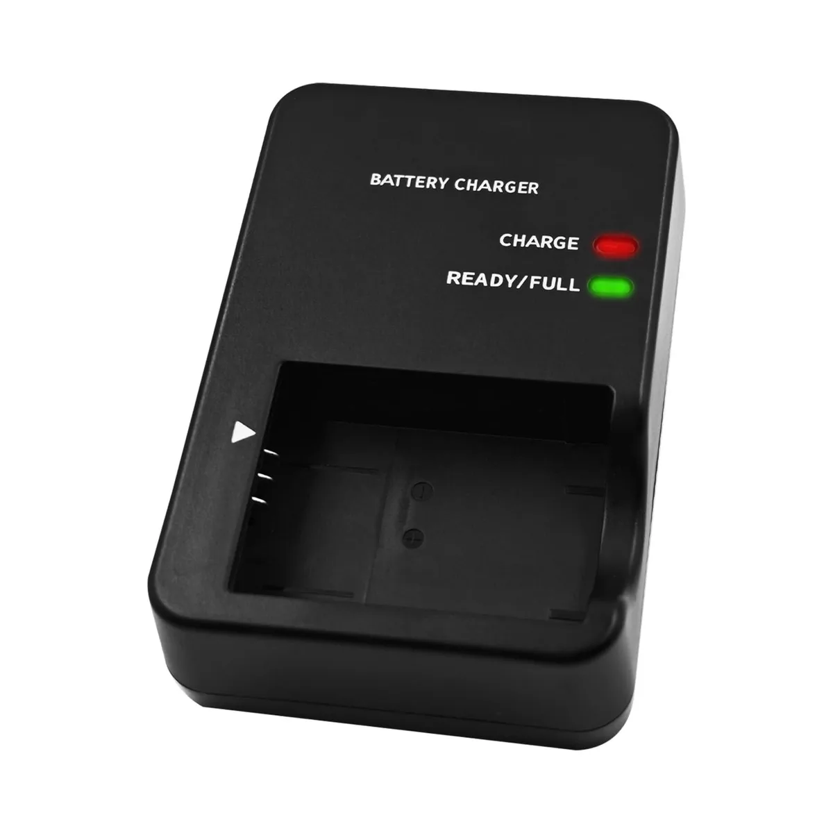 Compact black charger unit with fold-out prongs and battery slot