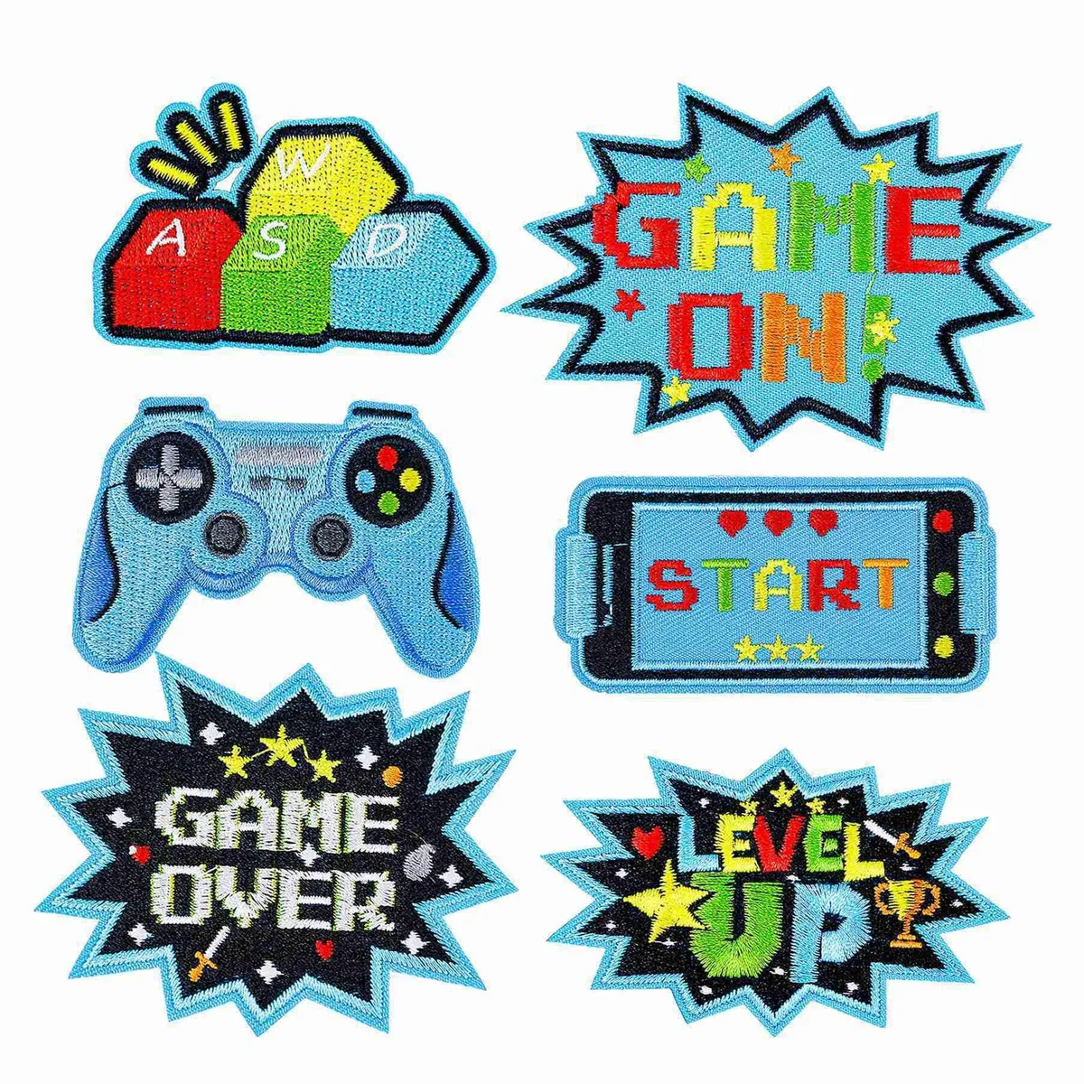 No Sew No Sew Art Deco 6pcs Video Game Gamepad Iron-on Patches Blue — product photo