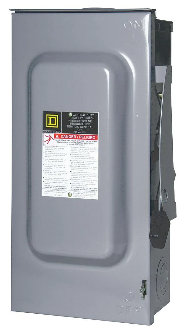 Grey metal NEMA 3R enclosure safety disconnect switch with lugs, 100A 240V AC 3PST