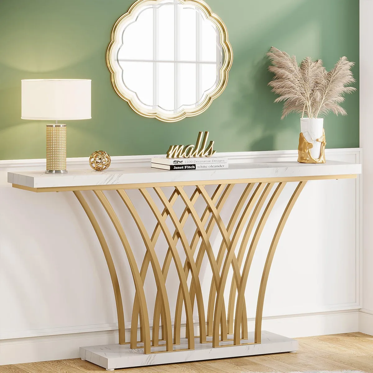 Gold console table with white faux marble top and geometric grid base