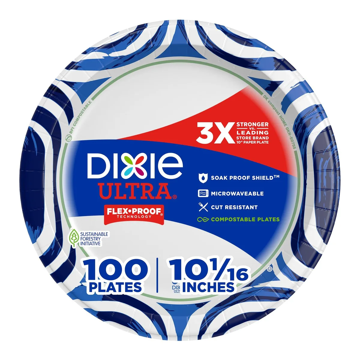 Stack of 100 white round paper plates, 10 inch diameter, dappled deco finish