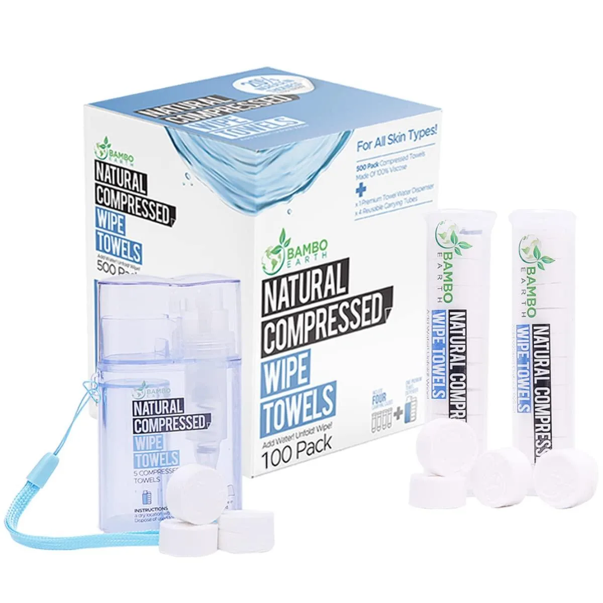 White cylindrical dispenser with lid containing compressed towel tablets