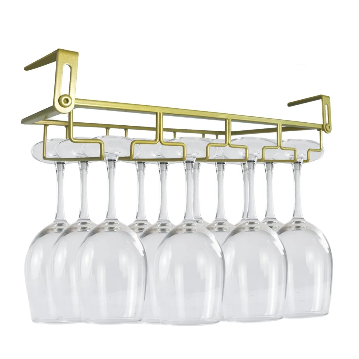 Red 34-inch two-tier stemware holder with adjustable metal brackets and rounded plastic cradles