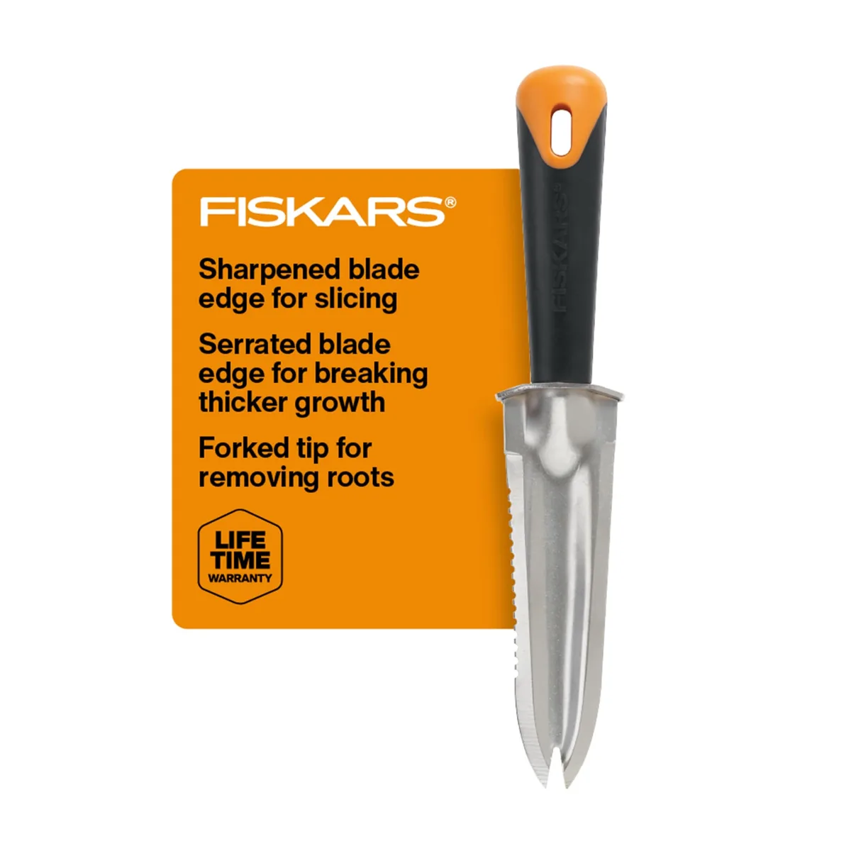 Orange-handled steel garden knife with forked tip and serrated edge