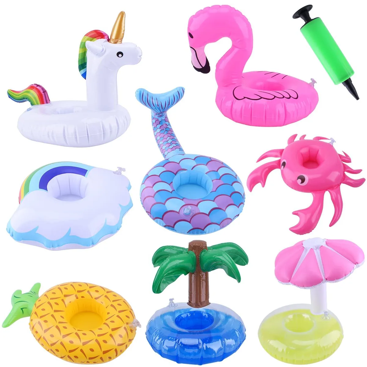 Eight yellow inflatable drink holders shaped as unicorn flamingo palm tree mushroom mermaid pineapple crab cloud with mini air pump