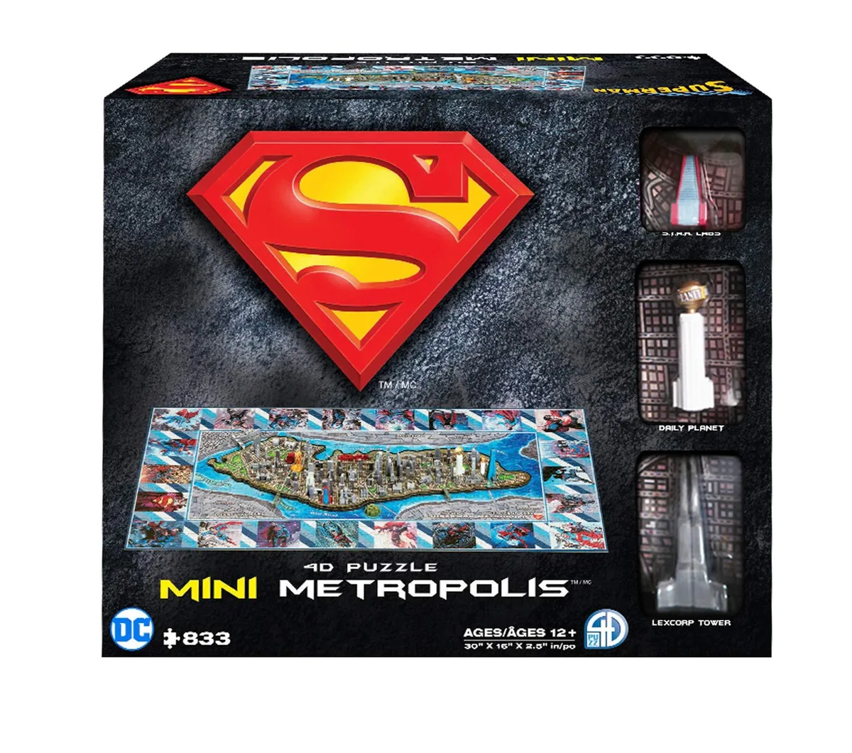 Boxed 833-piece Superman Metropolis 3D puzzle with map layers and replica buildings