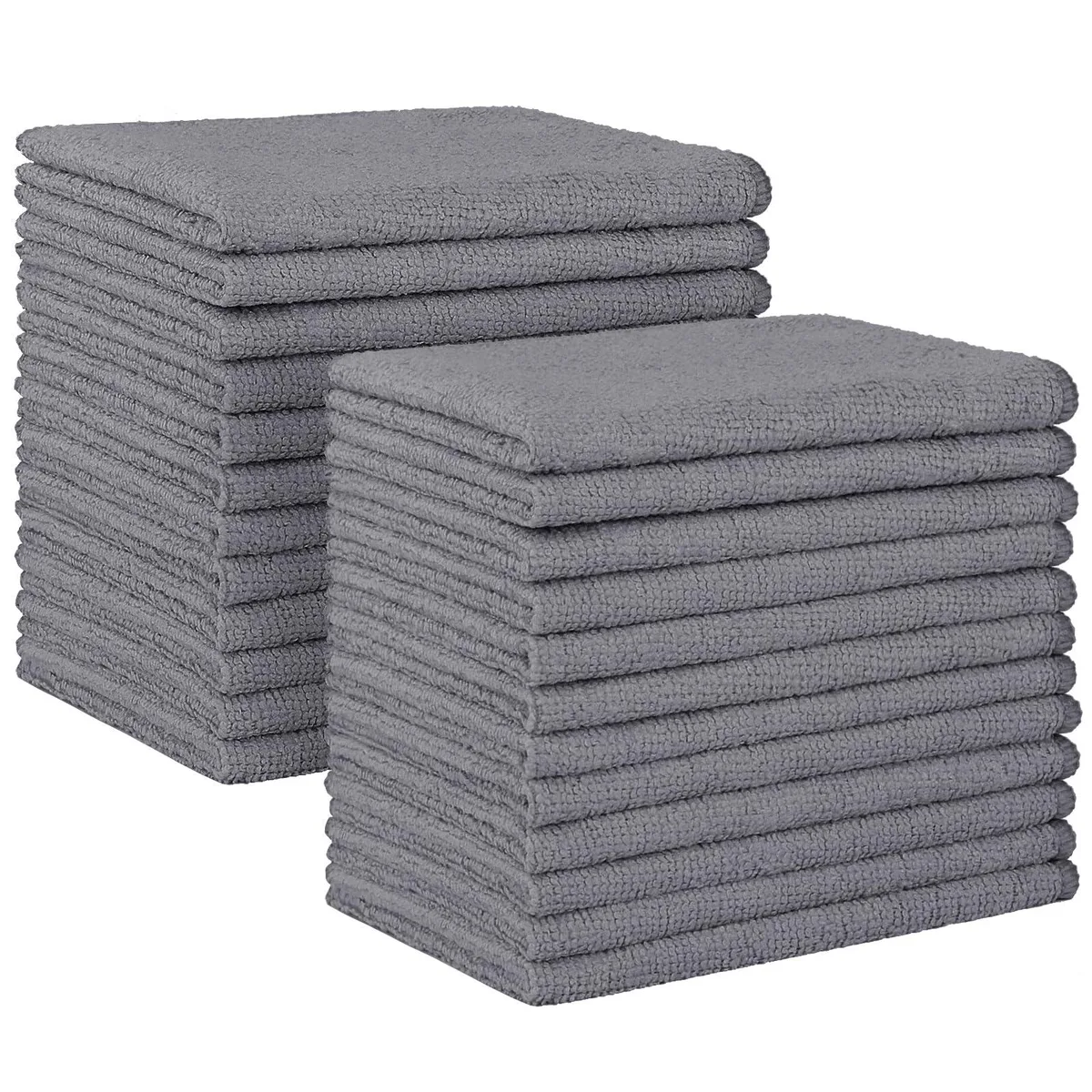 Stack of 24 grey microfiber cloths 12 by 11 inches in a bag