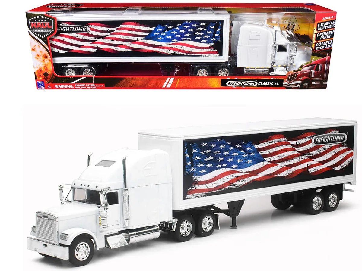 New Ray Toys New Ray Toys Freightliner Classic XL Truck &amp; Dry Van Trailer White Patriotic Graphic 1/32 Diecast — product photo