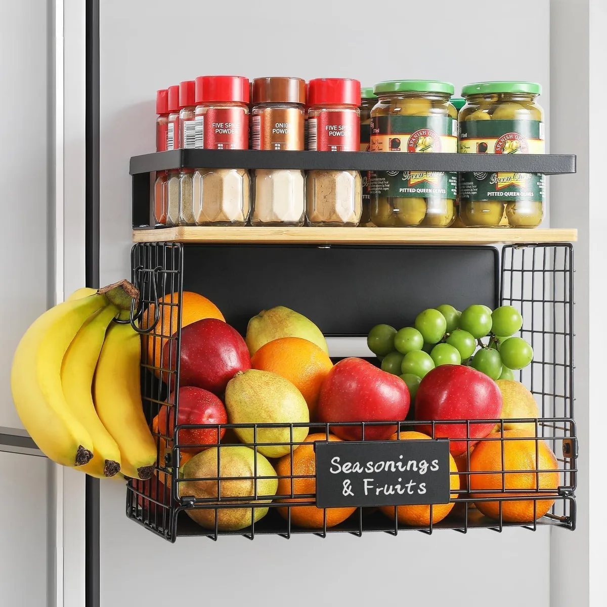 Red two-tier magnetic storage basket with bamboo top and liner, 34 inches wide
