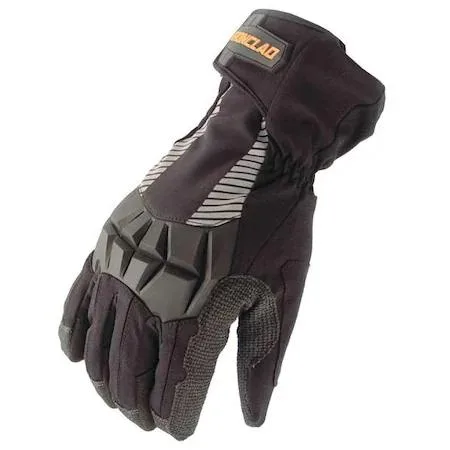 Black insulated work gloves with rubber knuckle guards and gauntlet cuffs