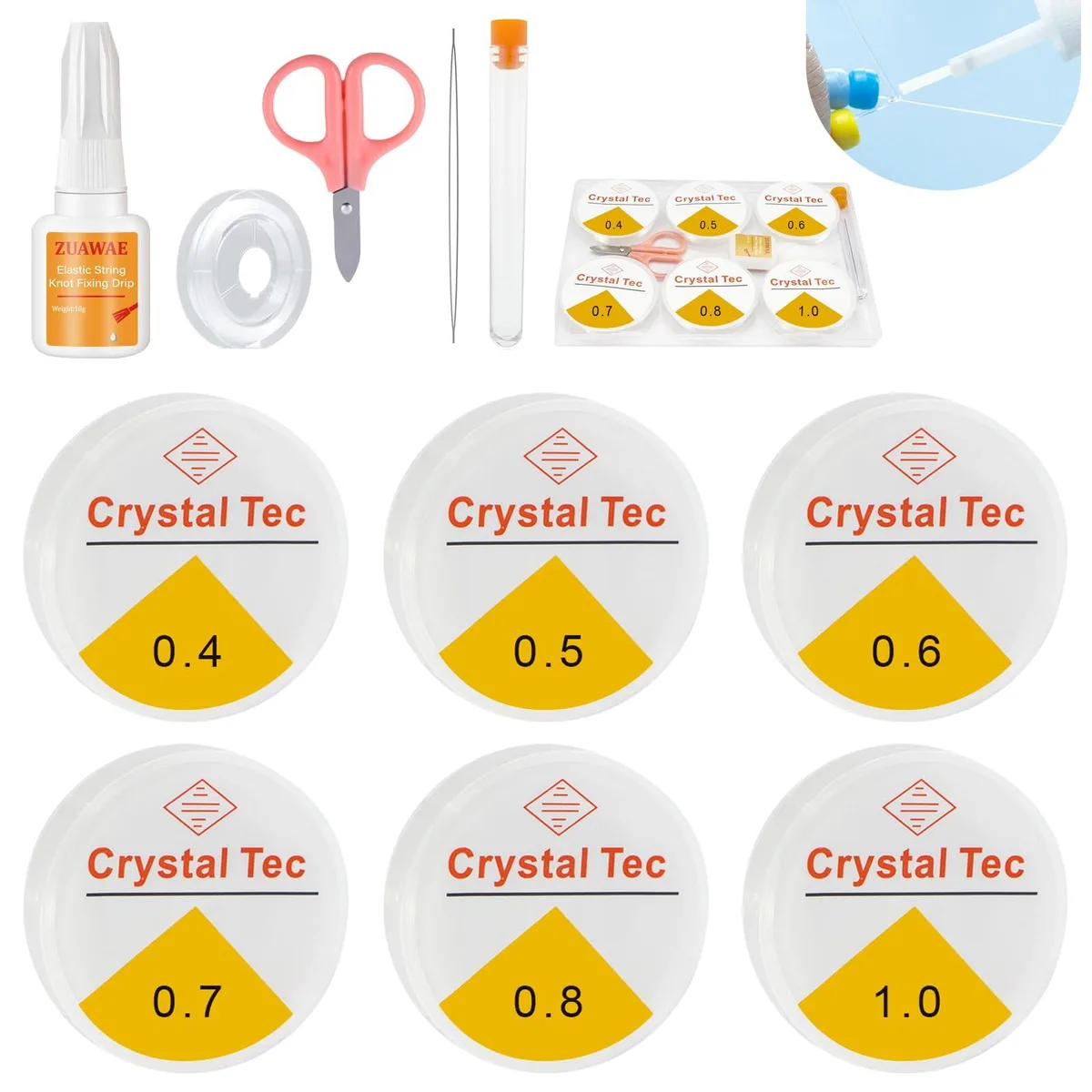 Clear elastic cords in round and flat sizes with needles scissors and case