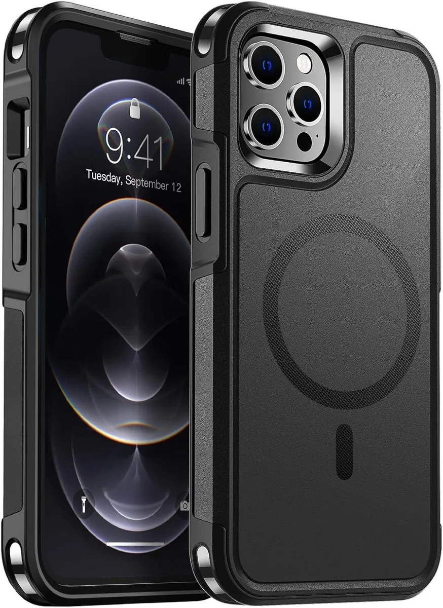 Black dual-layer phone case with built-in magnets and raised edges