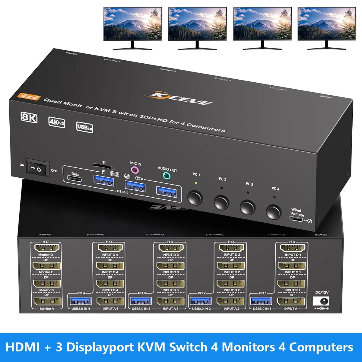AUTYUE AUTYUE KC-404DH KVM Switch 4×4 8K@30Hz 4K@120Hz HDMI+3DP USB 3.0 — product photo