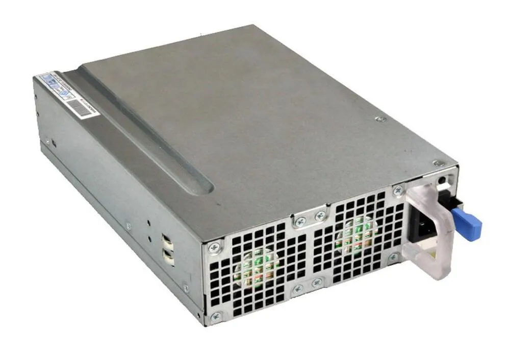 Rectangular silver metal server power supply unit with rear fan grille and power socket