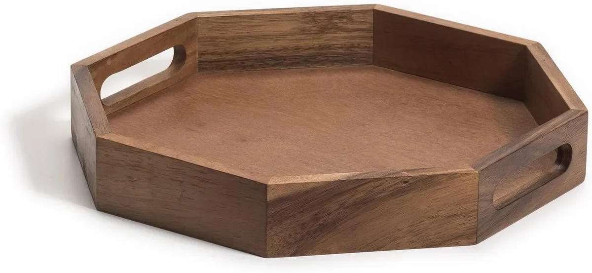 Octagonal Acacia wood serving tray with handles, 13 inches