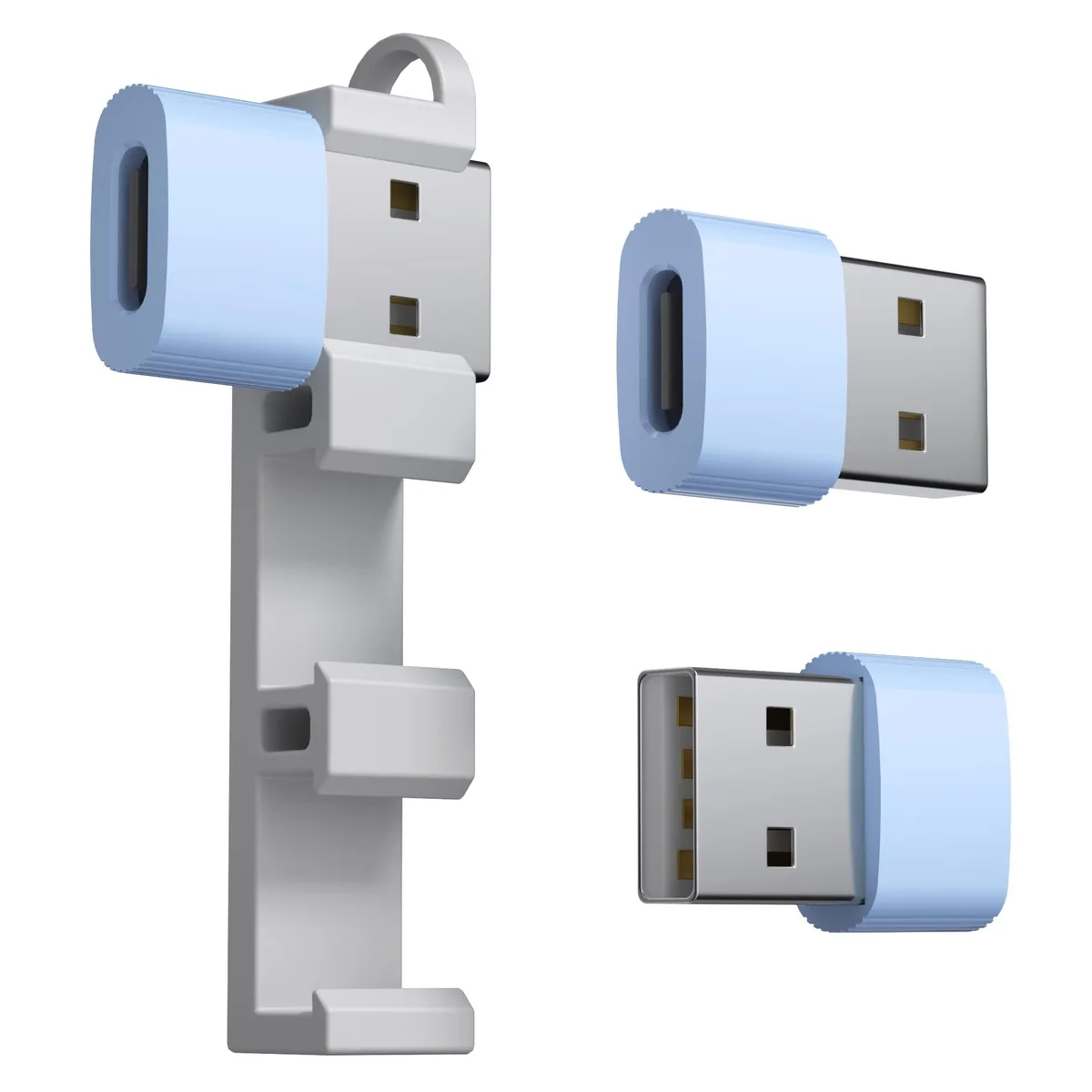 Three blue USB-C to USB-A adapters docked together in a compact holder