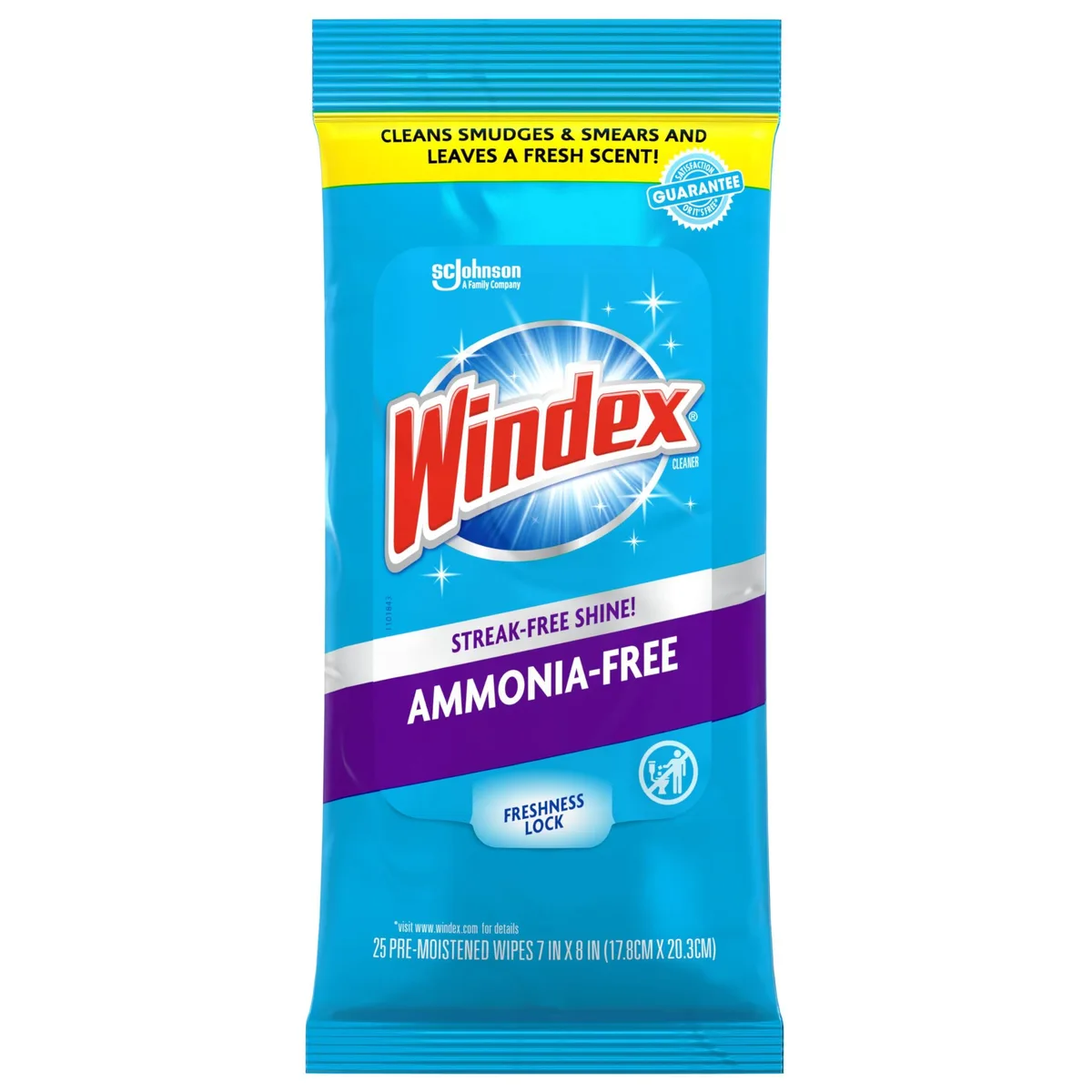 A flat rectangular pack of 25 pre-moistened glass cleaning wipes with Crystal Rain scent