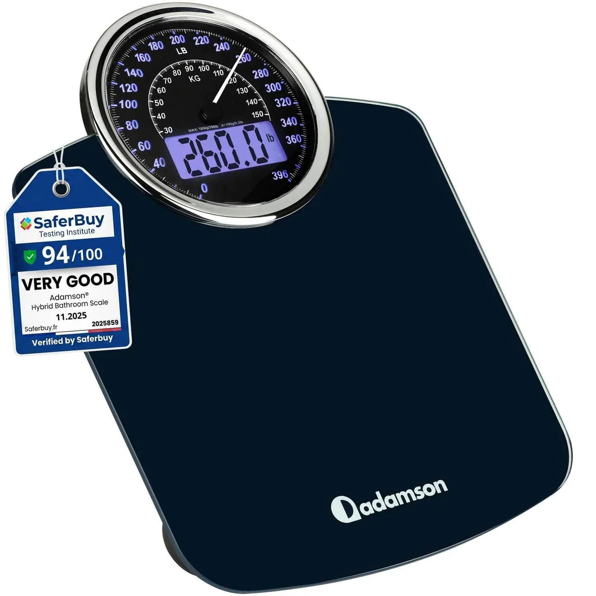 Blue hybrid bathroom scale with analog dial and digital display on tempered glass platform