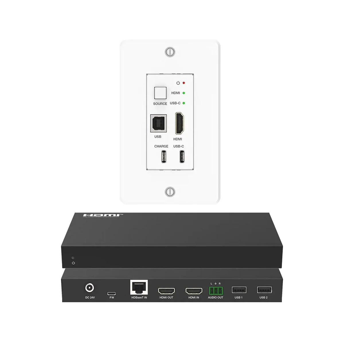 White Decora-style wall plate with HDMI and USB-C ports, metal finish