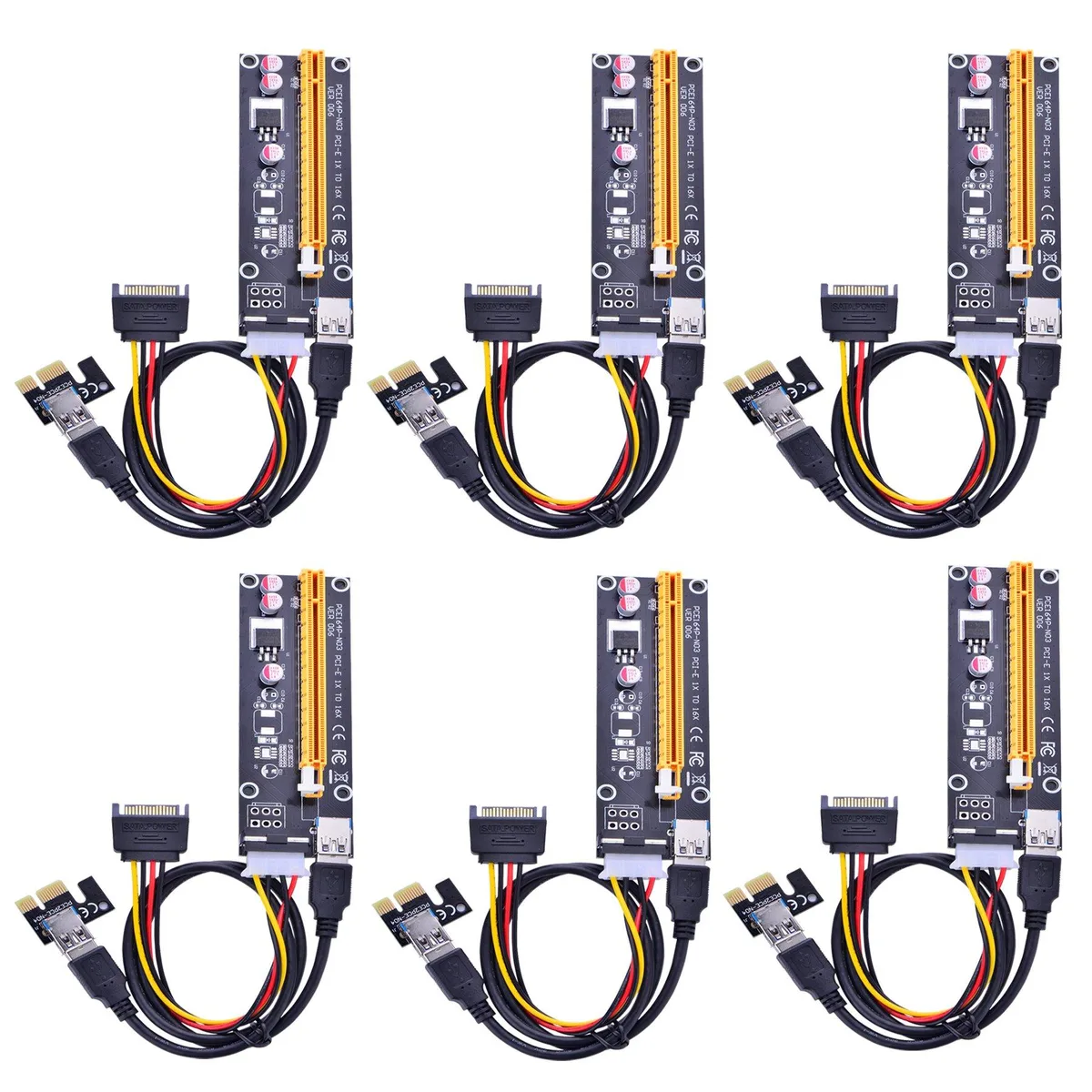 BUCIER BUCIER PCIe 16x to 1x Powered Riser Kit 6 Pack with 60cm USB 3.0 Cable and 4-Pin MOLEX to SATA Power Cable — product photo