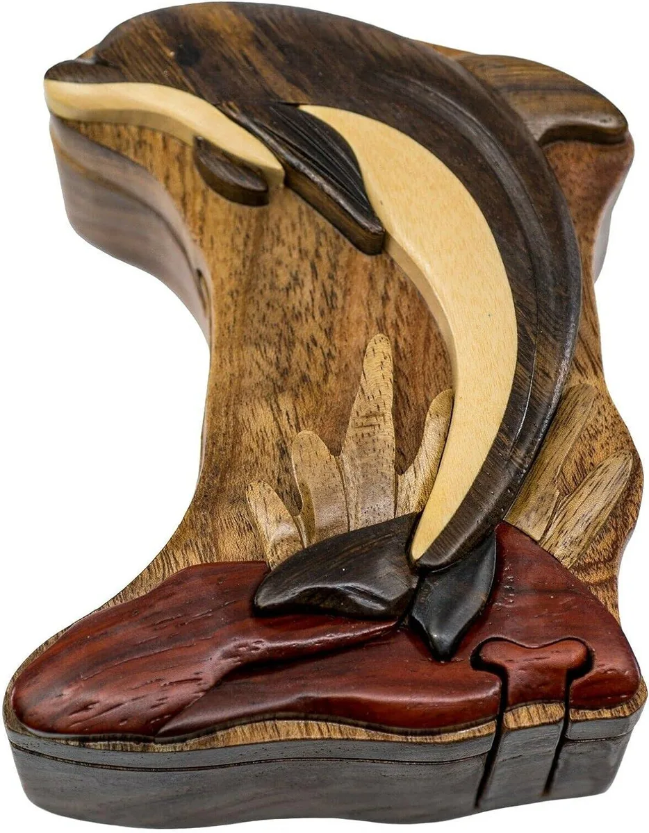 South Asian Handicrafts South Asian Handicrafts Leaping Dolphin Intarsia Puzzle Box hobby collectible — product photo