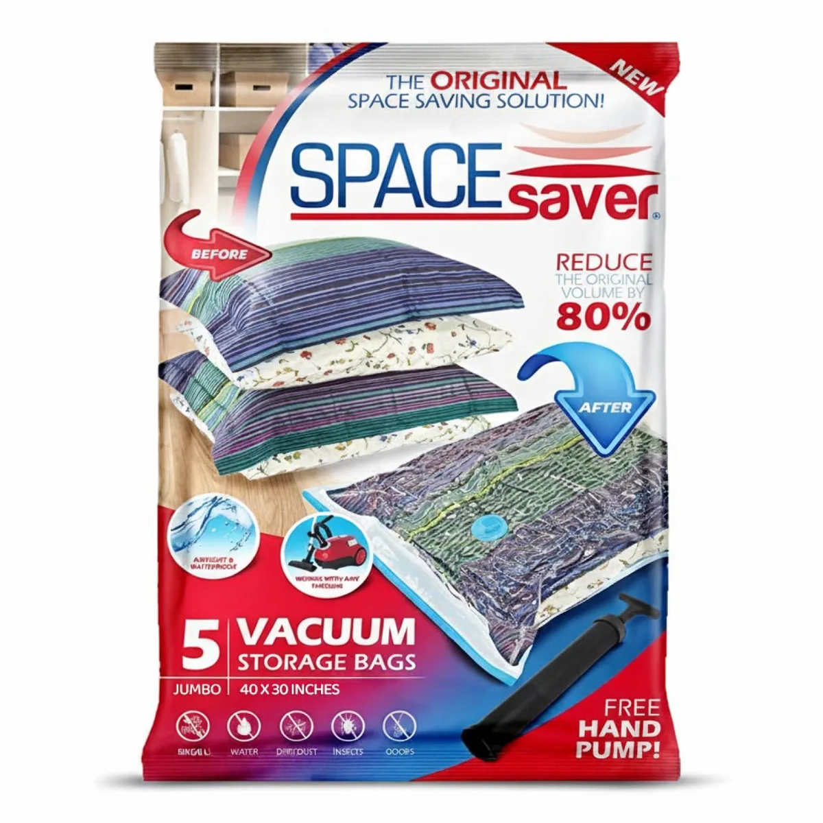 Five clear jumbo vacuum storage bags with hand pump, 80x100cm