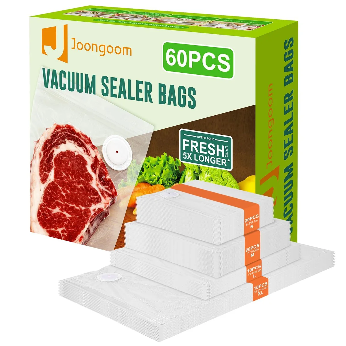 Stack of clear BPA-free vacuum sealing bags in four sizes with sealing clips