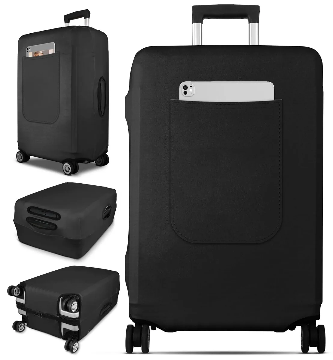 Black stretch luggage cover with front pocket and handle openings, fits 28-30 inch suitcases