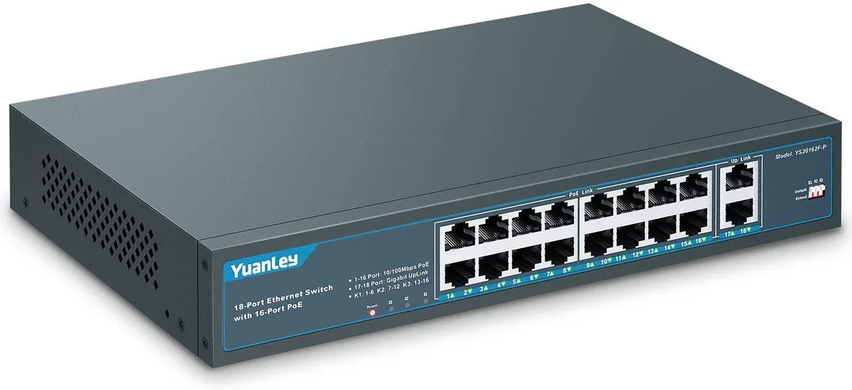 YuanLey YuanLey 18 Port PoE Switch 16 PoE+ 100Mbps 2 Uplink Gigabit 250W — product photo