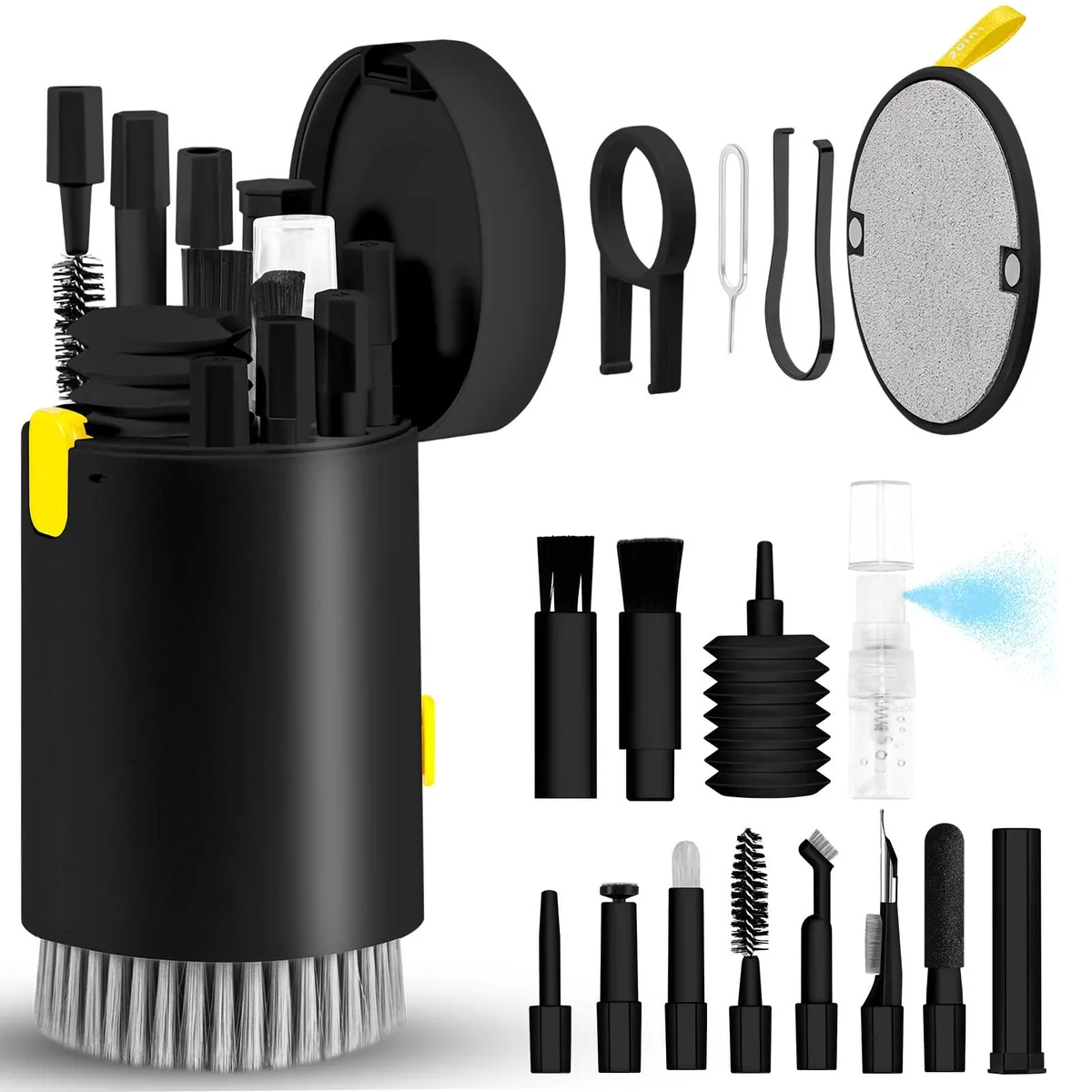 Black 21-in-1 screen cleaner kit with spray bottle and retractable brush