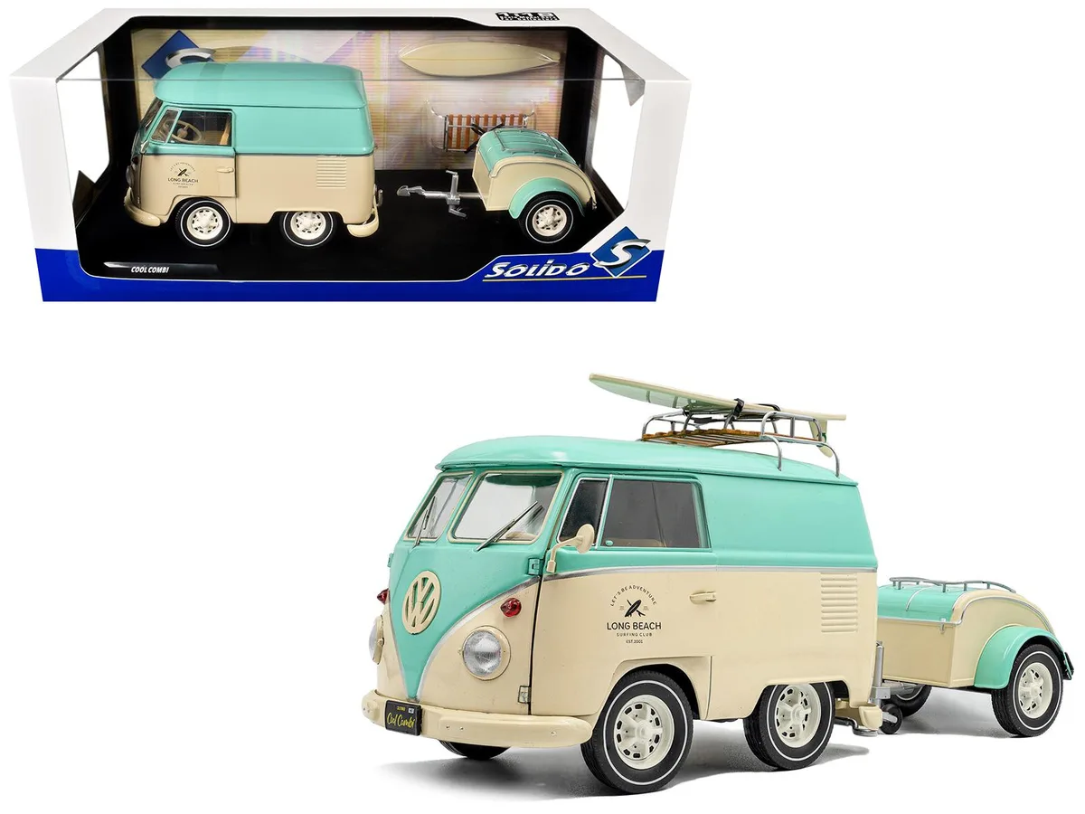 Solido Solido 2024 Volkswagen Cool Combi Van with Trailer Mint Green and Cream 1/18 — product photo