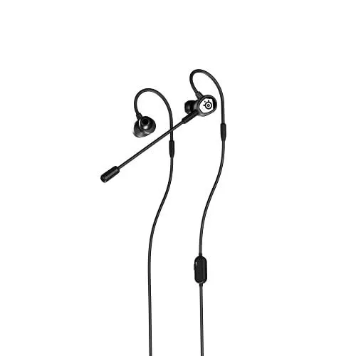 Black in-ear headset with around-ear hooks and detachable boom microphone