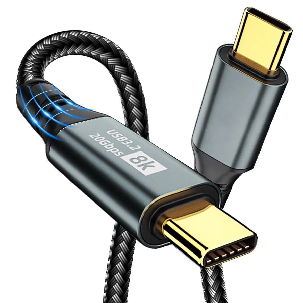 Black USB-C to USB-C cable, braided finish, male connectors, 6.6 ft length