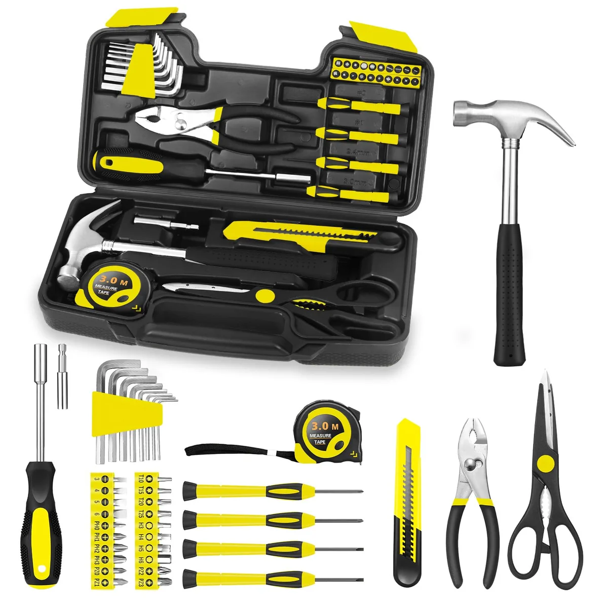 Yellow plastic tool case 12.4 by 7.4 by 3 inches holding 39 pieces